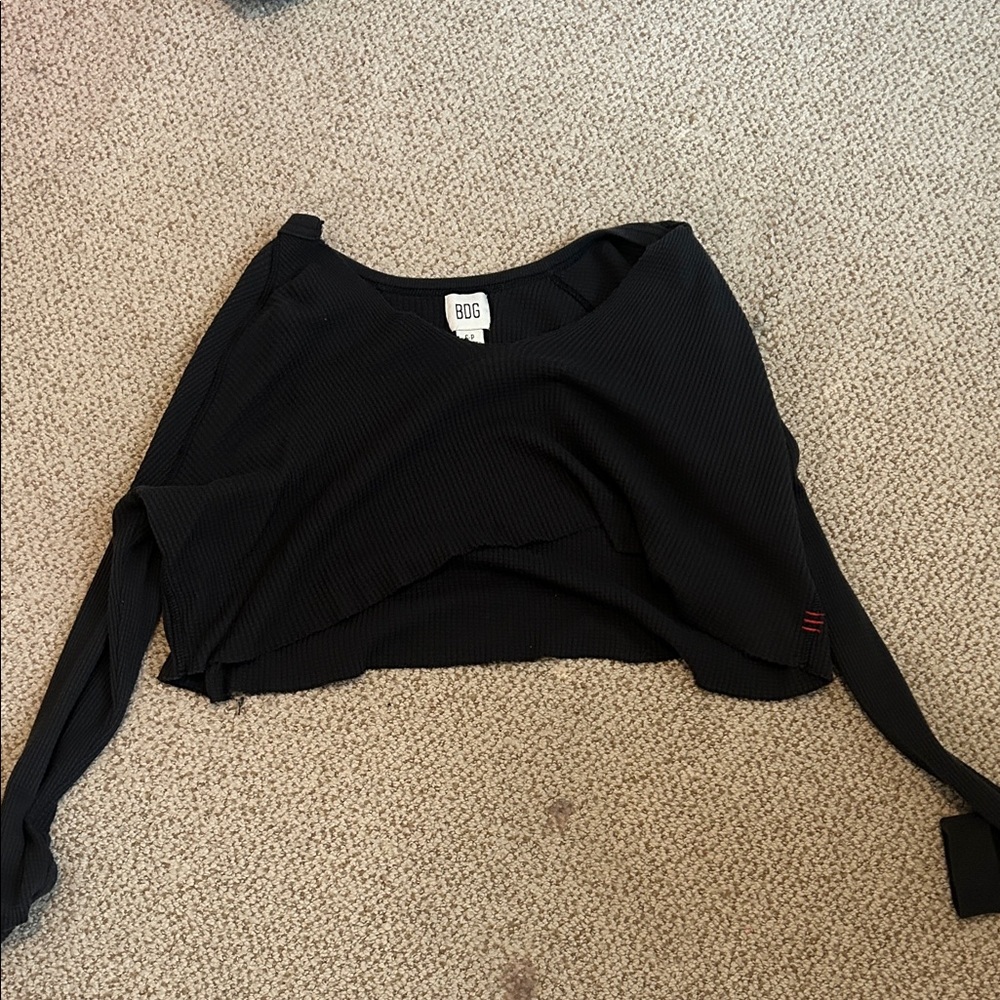 BDG Black Ribbed Scoop-Neck Long Sleeve Crop Top